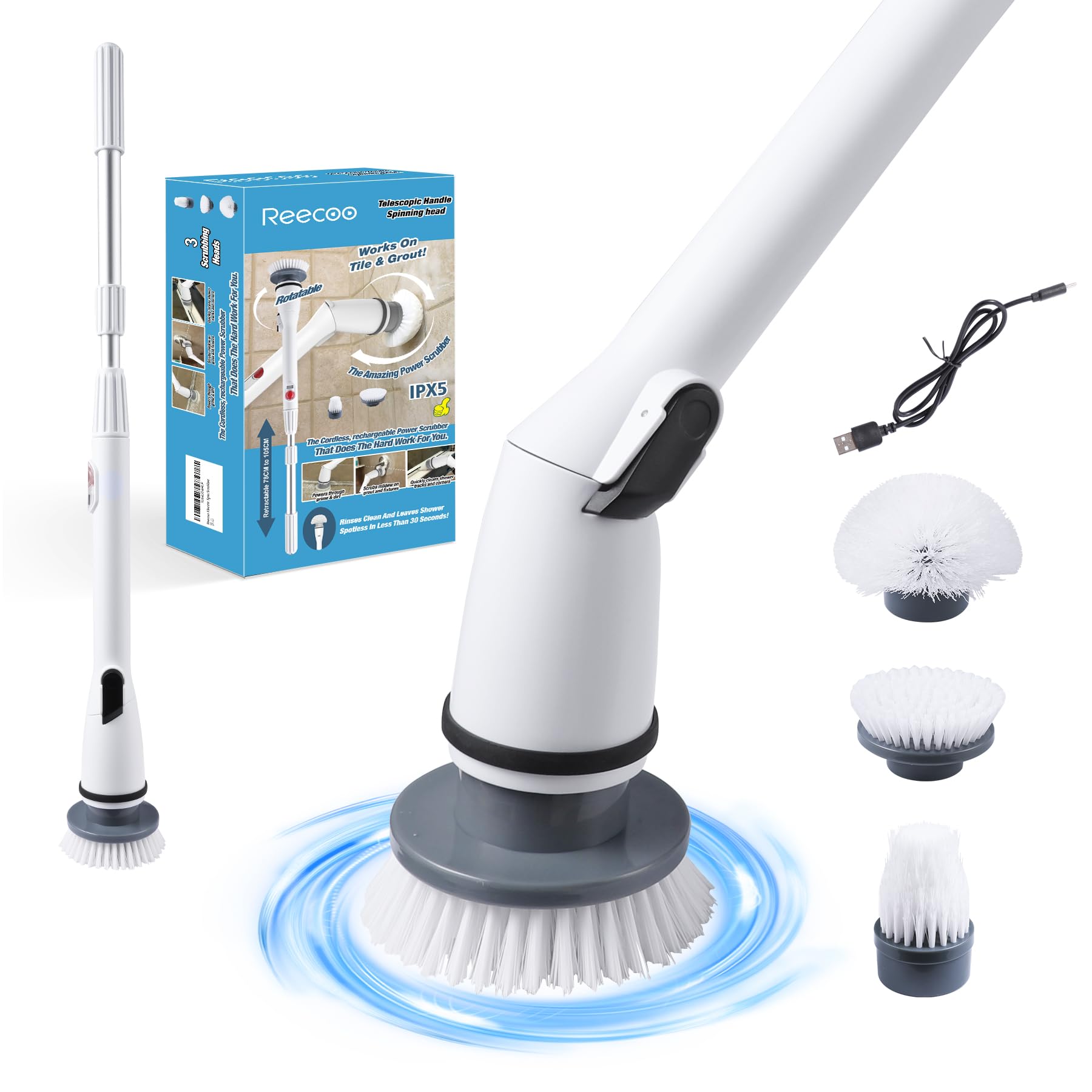 Cordless Electric Spin ScrubberPower Scrubber with 3 Replaceable Scrubbing Brush Heads for Cleaning Bathroom Bathtubs