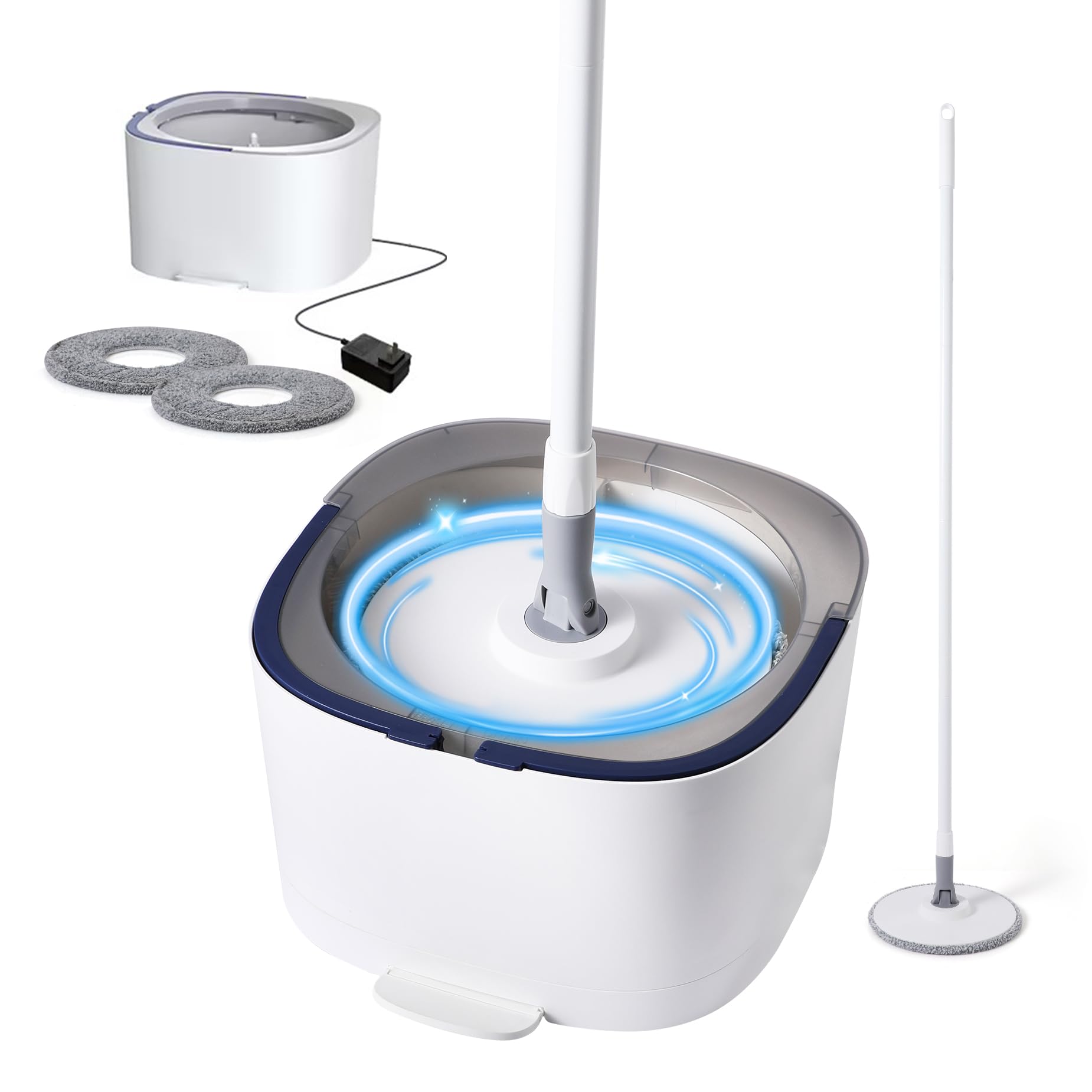Spin Mop and Electric Bucket System, Unique Automatic Washing and Wring Electric Bucket, Upgrade Spin Mop Bucket with 2 Microfiber Cloths,Suitable for Hardwood Tile Marble Floor-White