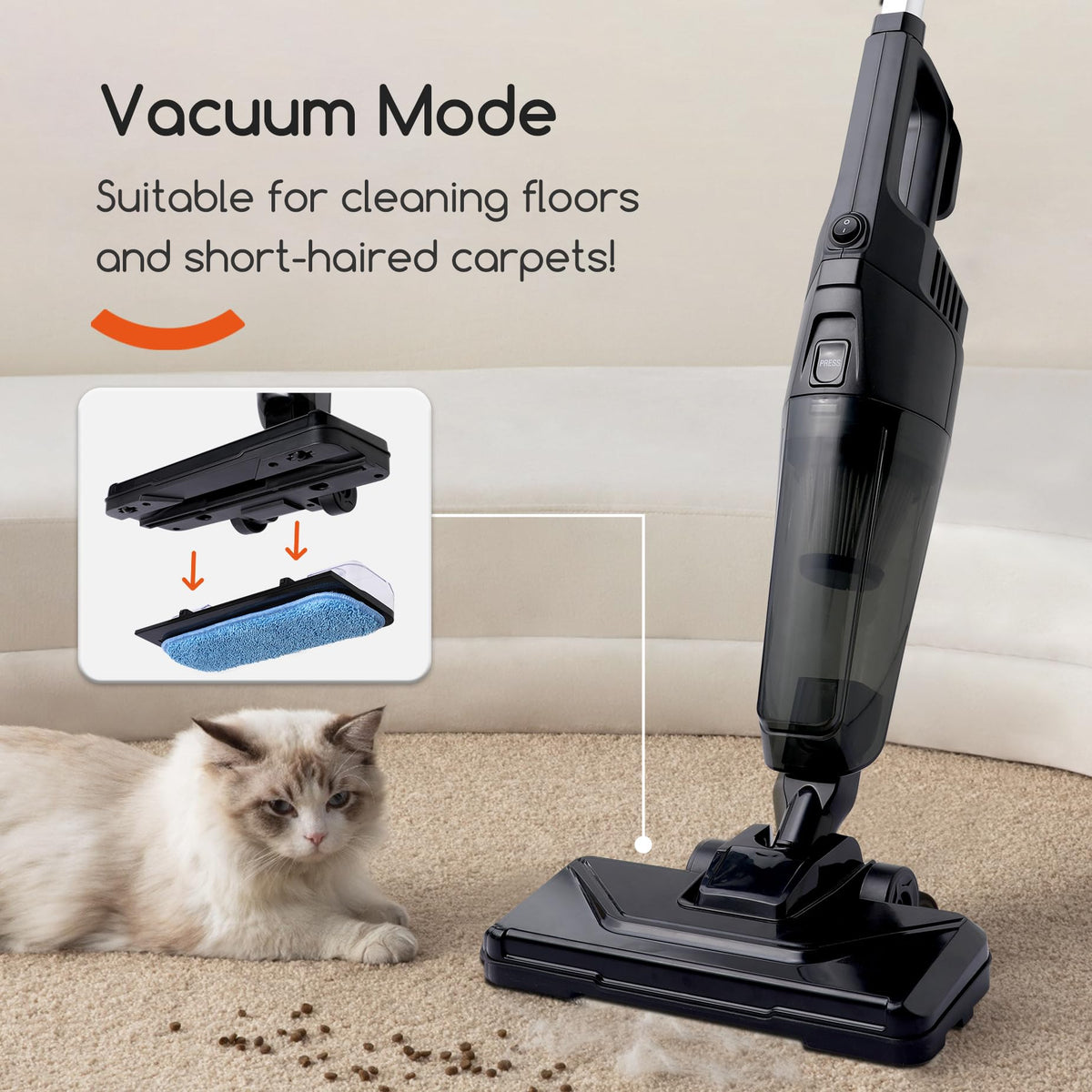 600W Black Stick Vacuum & Mop Combo - 25Kpa Suction, 3 Filters