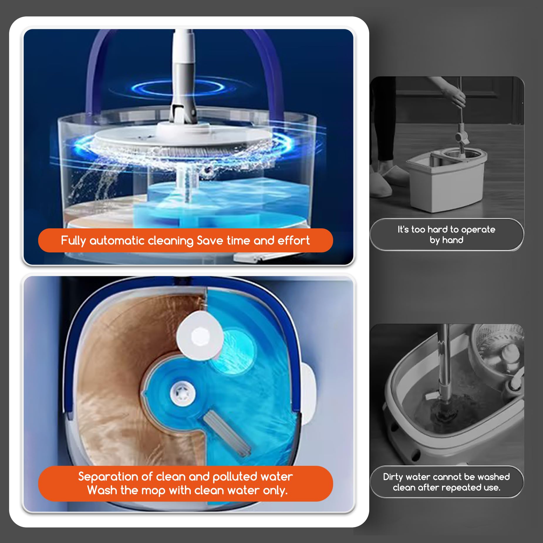 Spin Mop and Electric Bucket System, Unique Automatic Washing and Wring Electric Bucket, Upgrade Spin Mop Bucket with 2 Microfiber Cloths,Suitable for Hardwood Tile Marble Floor-White