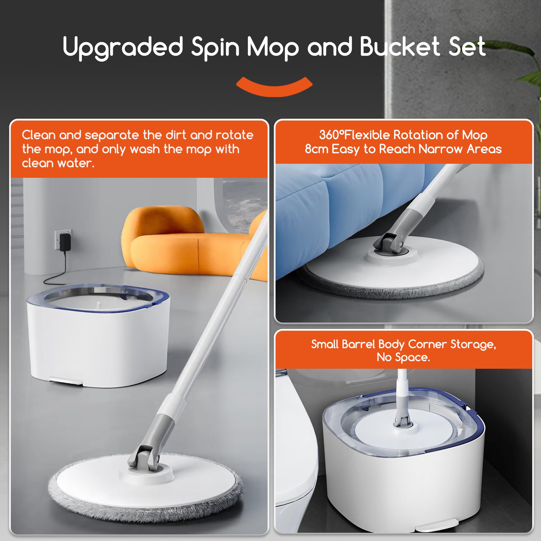 Spin Mop and Electric Bucket System, Unique Automatic Washing and Wring Electric Bucket, Upgrade Spin Mop Bucket with 2 Microfiber Cloths,Suitable for Hardwood Tile Marble Floor-White